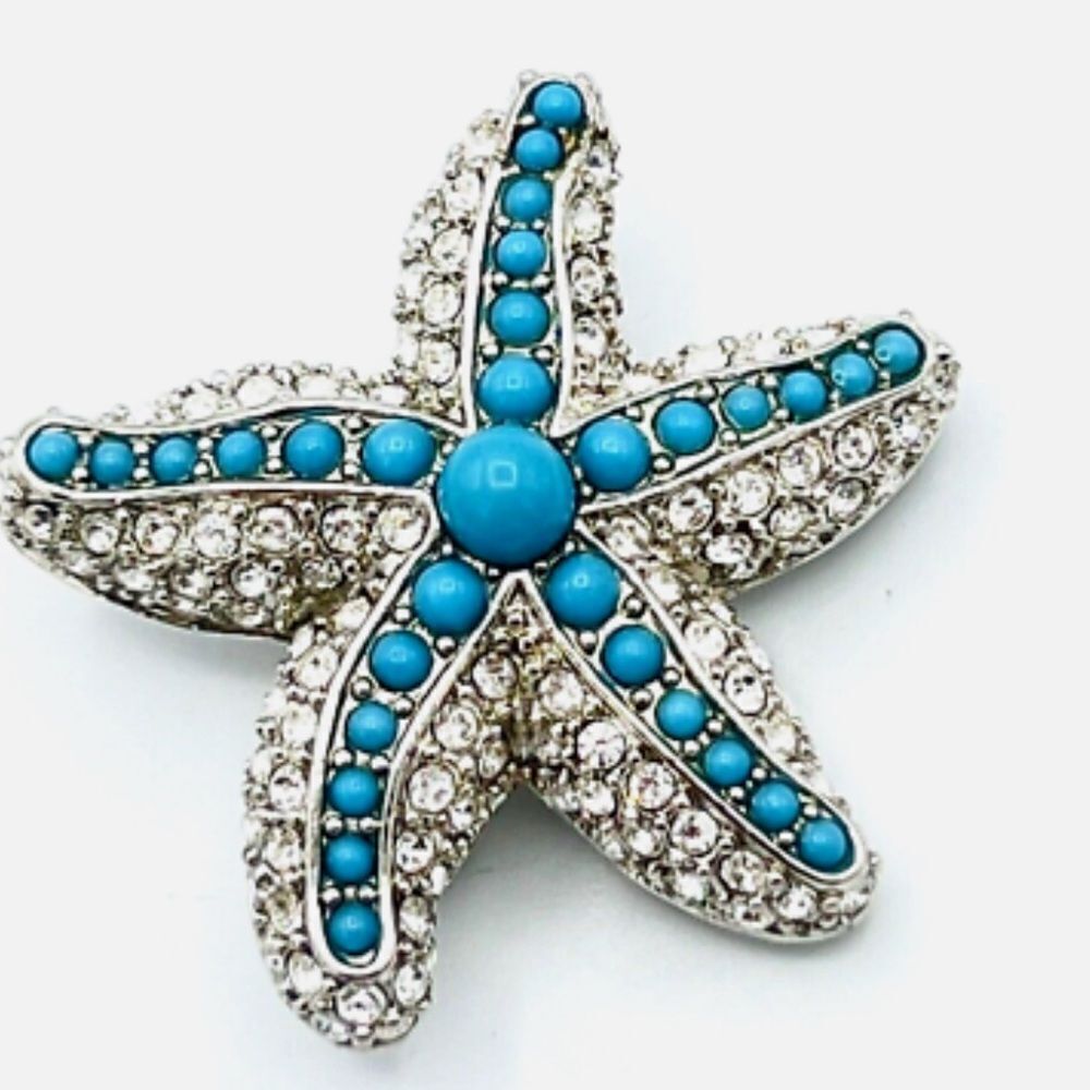 Stella & Dot Silver Tone Faux Turquoise Rhinestone Starfish Brooch Pendant